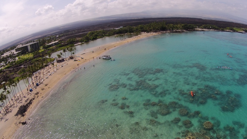 Aerial view of Waikoloa Beach at ‘Anaeho‘omalu Bay and its coastal fishponds